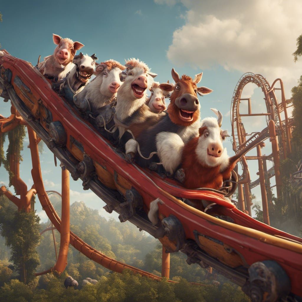 Farm animals riding a roller coaster  by @undefined