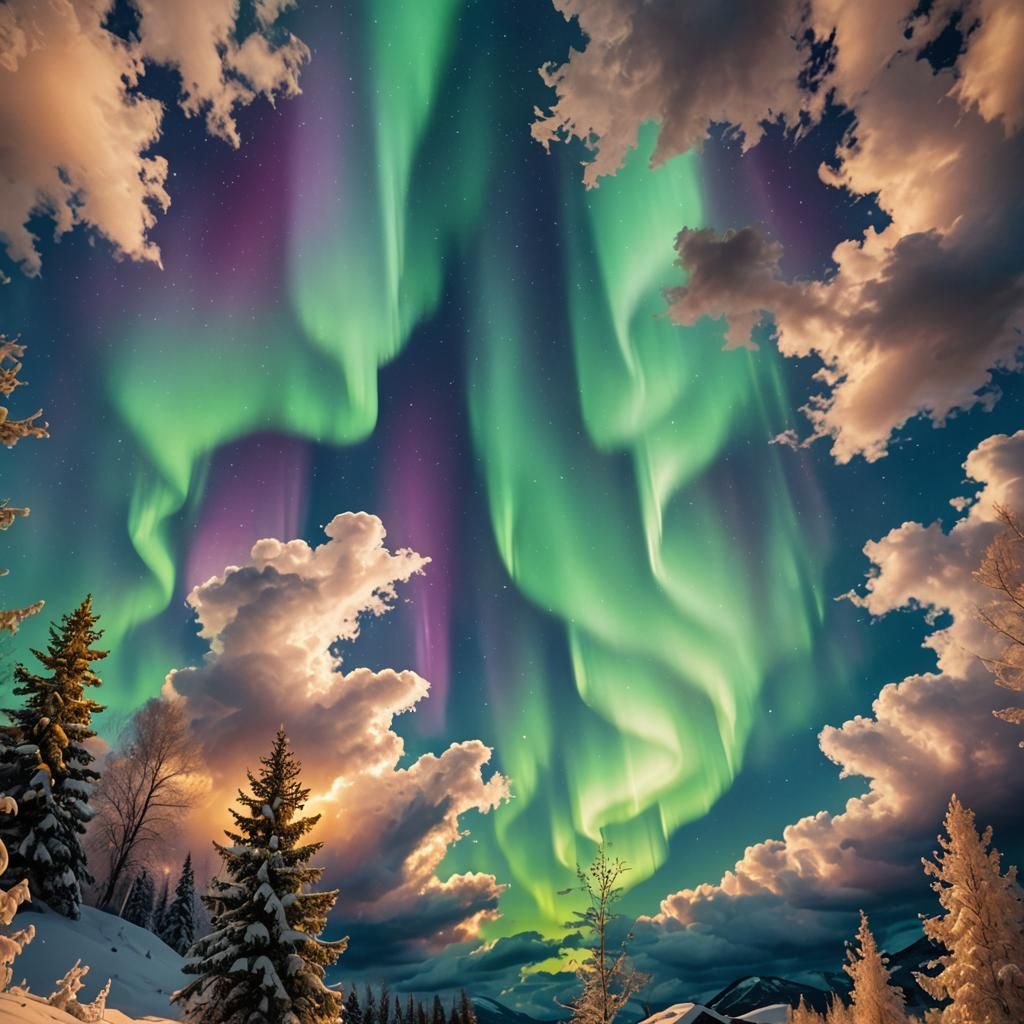 Northern lights of every color shimmering curtains Hyperreal...