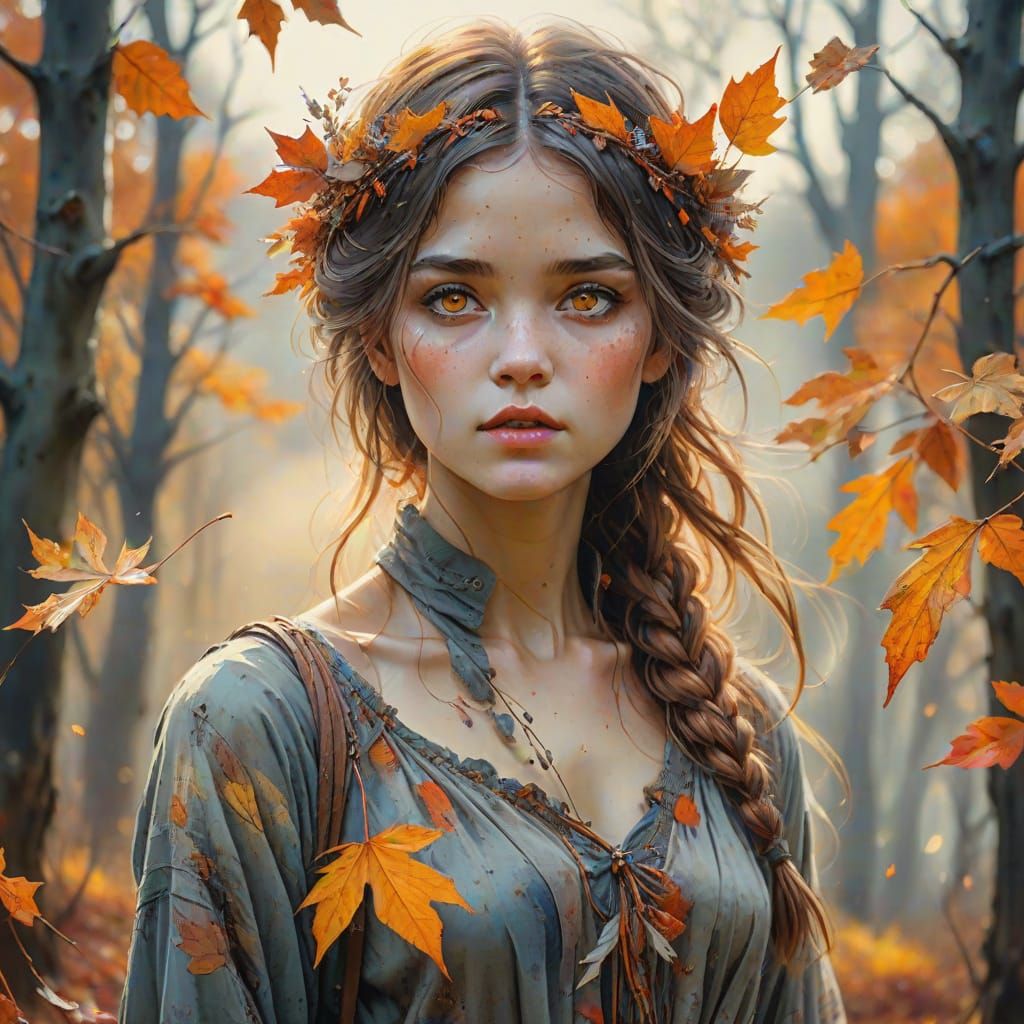 Surreal Autumn Goddess in Whimsical Watercolor Art