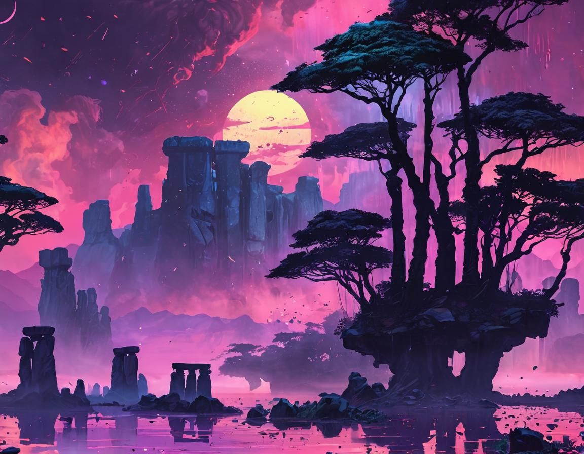 Stonehenge  (Vaporwave Metallic Ink:1.5), epic rainforest landscape trending on art station cinematic glowing sunset nighttime blood moon la...