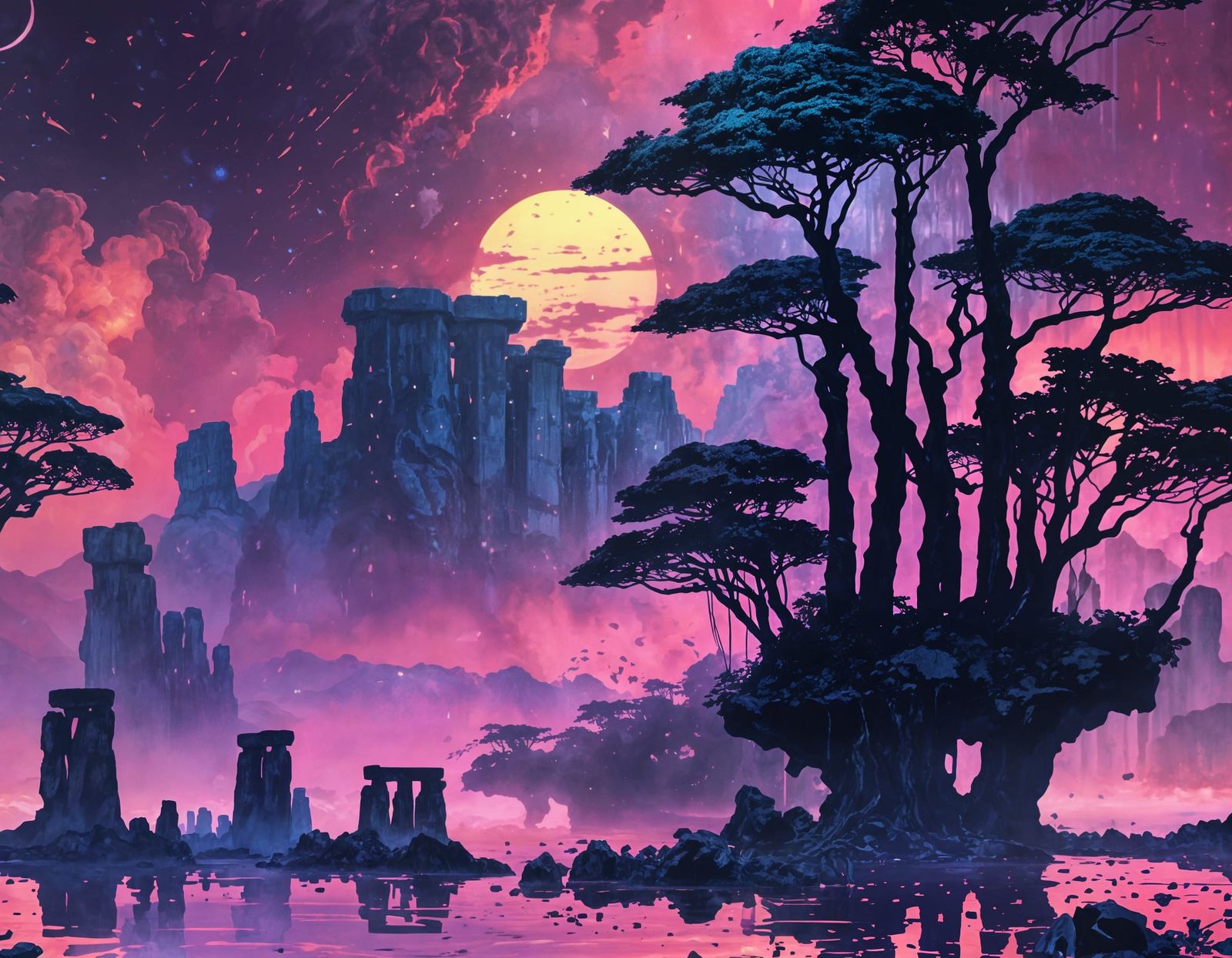 Stonehenge  (Vaporwave Metallic Ink:1.5), epic rainforest landscape trending on art station cinematic ...  by @Dawnn