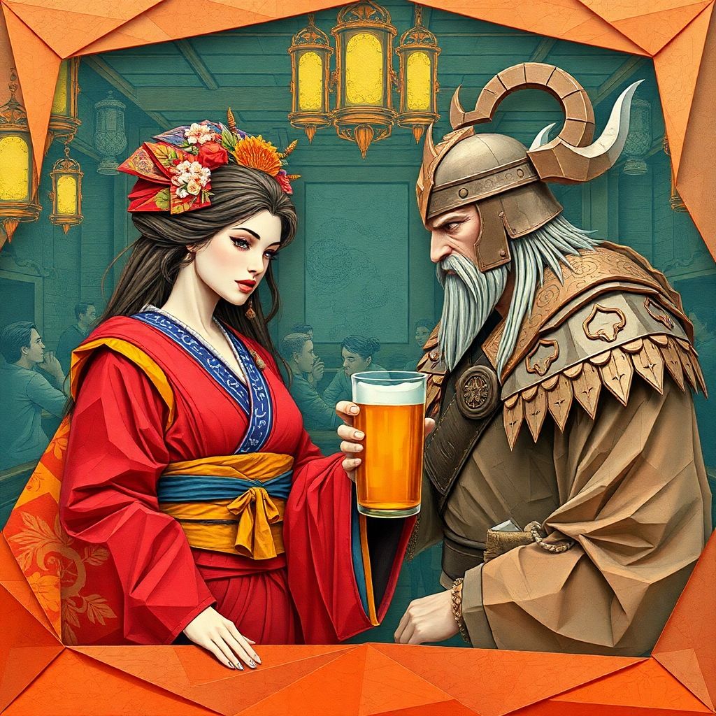 Geisha and Viking at Bar