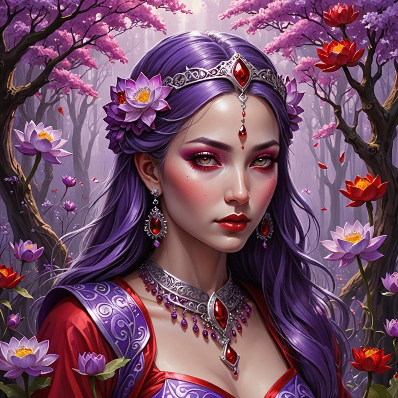 Purple and Red Druidess and her Lotuses. The background is her grove in ...