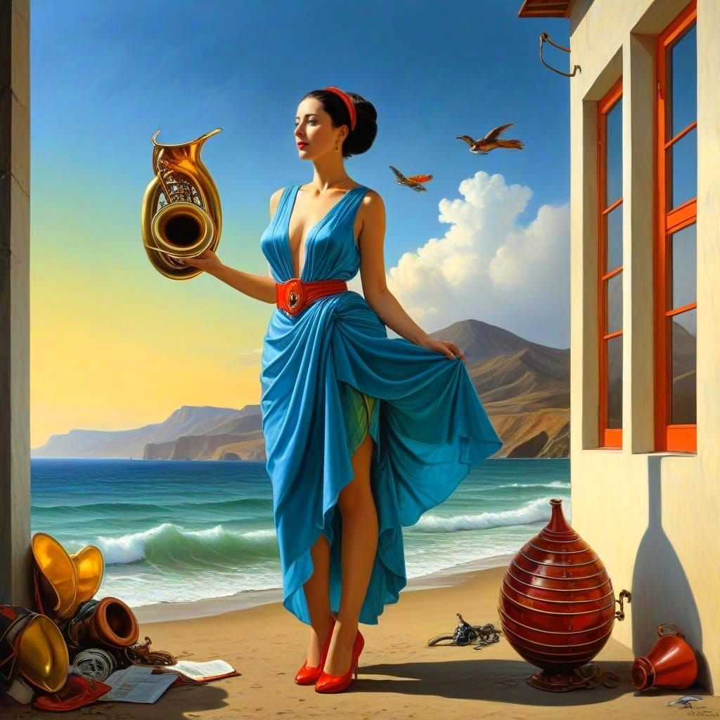 Elegant Lady with Tuba: Surrealist Portrait