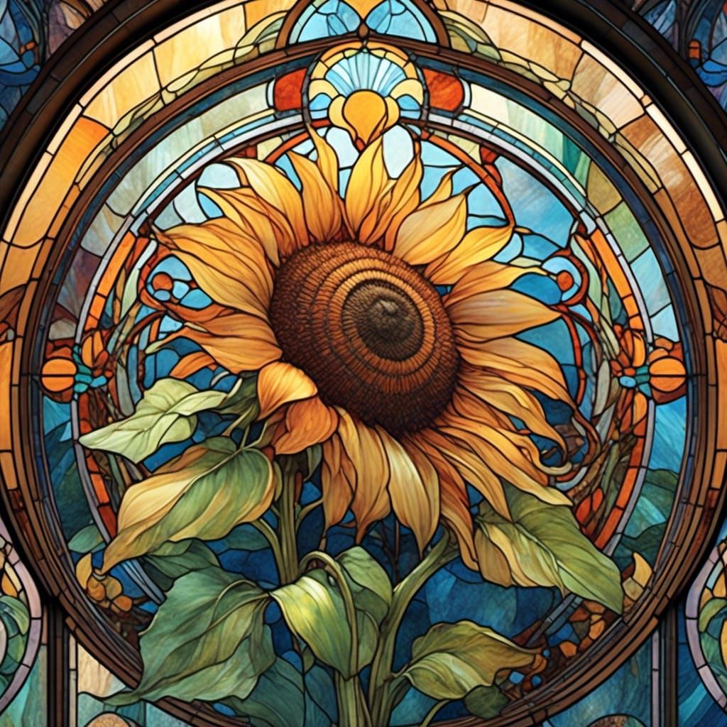 <lora:ShatteredGlass:1.0> Gorgeous vibrant sunflower surrounded by circular stained glass pattern beautiful country side , art Nouveau water...