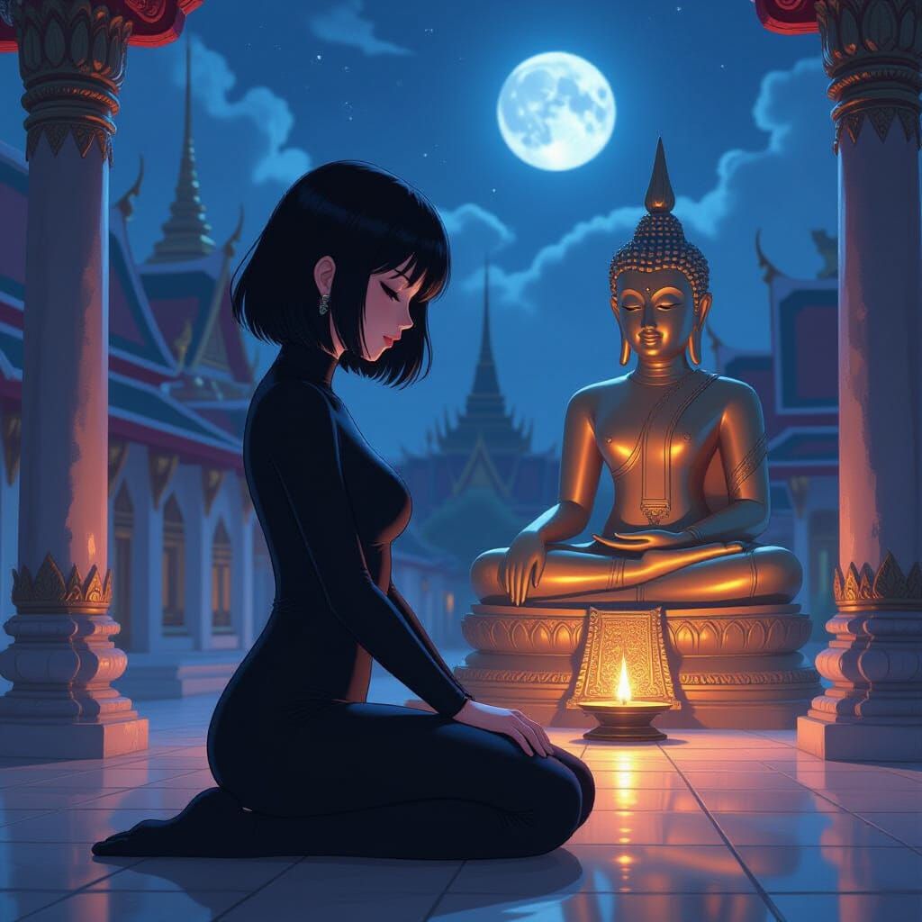 Anime Woman Kneels Before Buddha in Moonlit Thai Temple