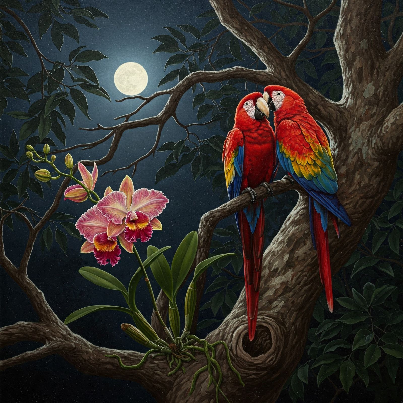 Scarlet Macaws in moon light