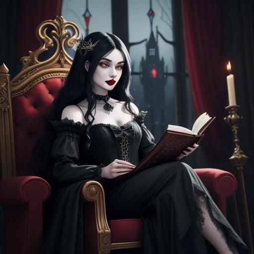 Regal sereine female vampire with long black hair, red lips,...