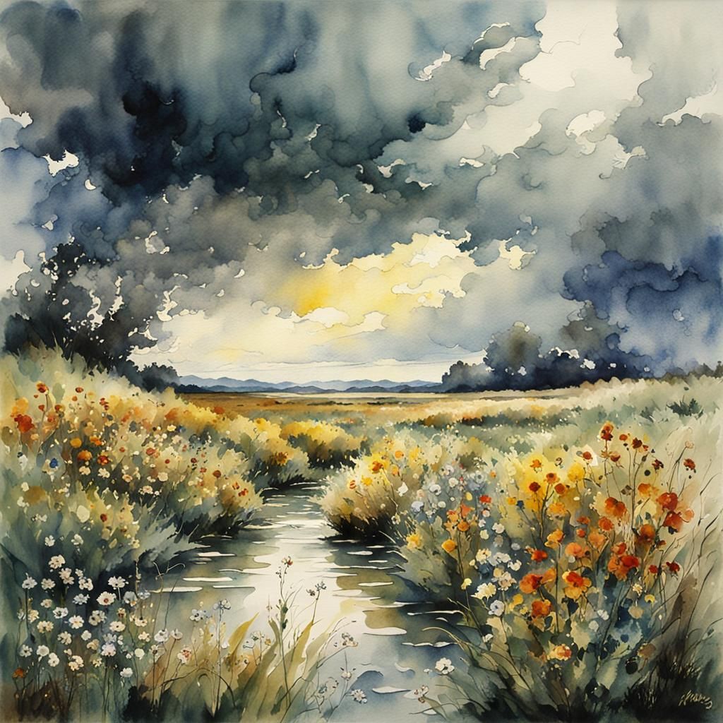 Stormy skies with wind buffeting a field of wild flowers