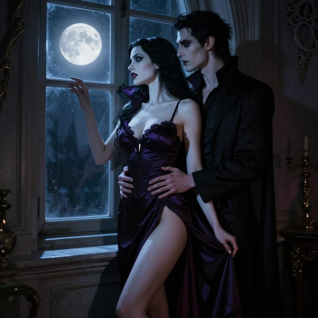Vampire Lovers Gaze at Moonlit Gothic Fantasy