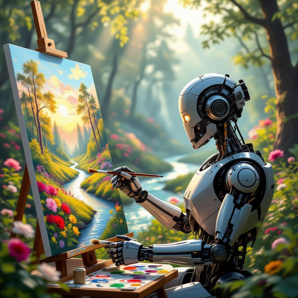A robot artist in a cozy studio painting a beautiful landscape on canvas — a magical forest filled with colorful flowers, sunlight streaming...