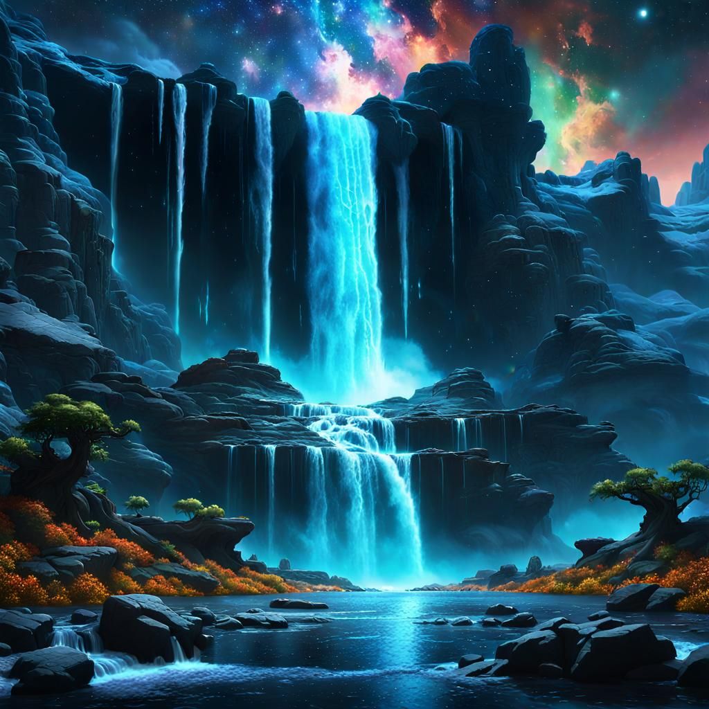 "Water fall across the starry sky nebula Epic cinematic bril...