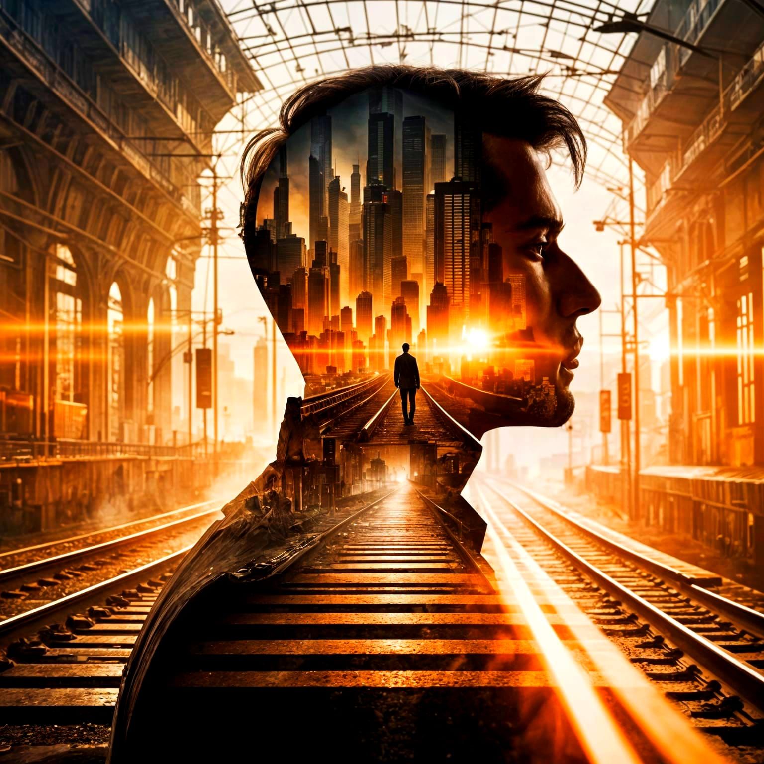 Symbolic Double Exposure Portrait of Man with Railway