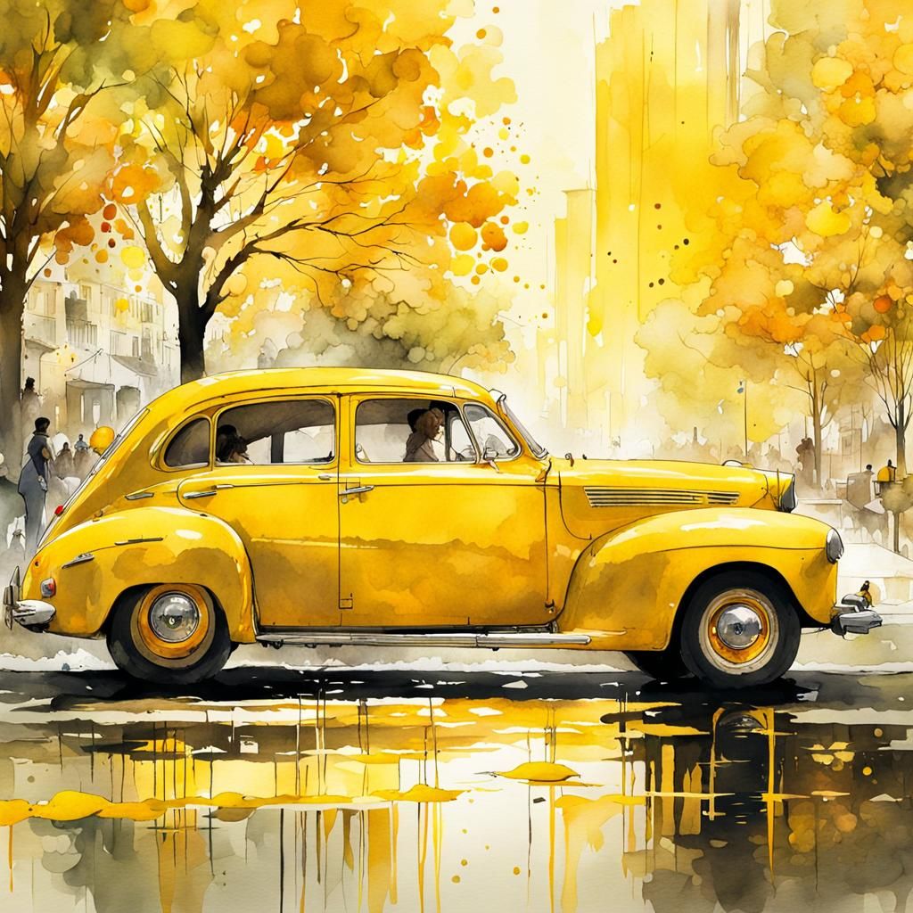 Yellow Car Watercolor  by @JustBubu