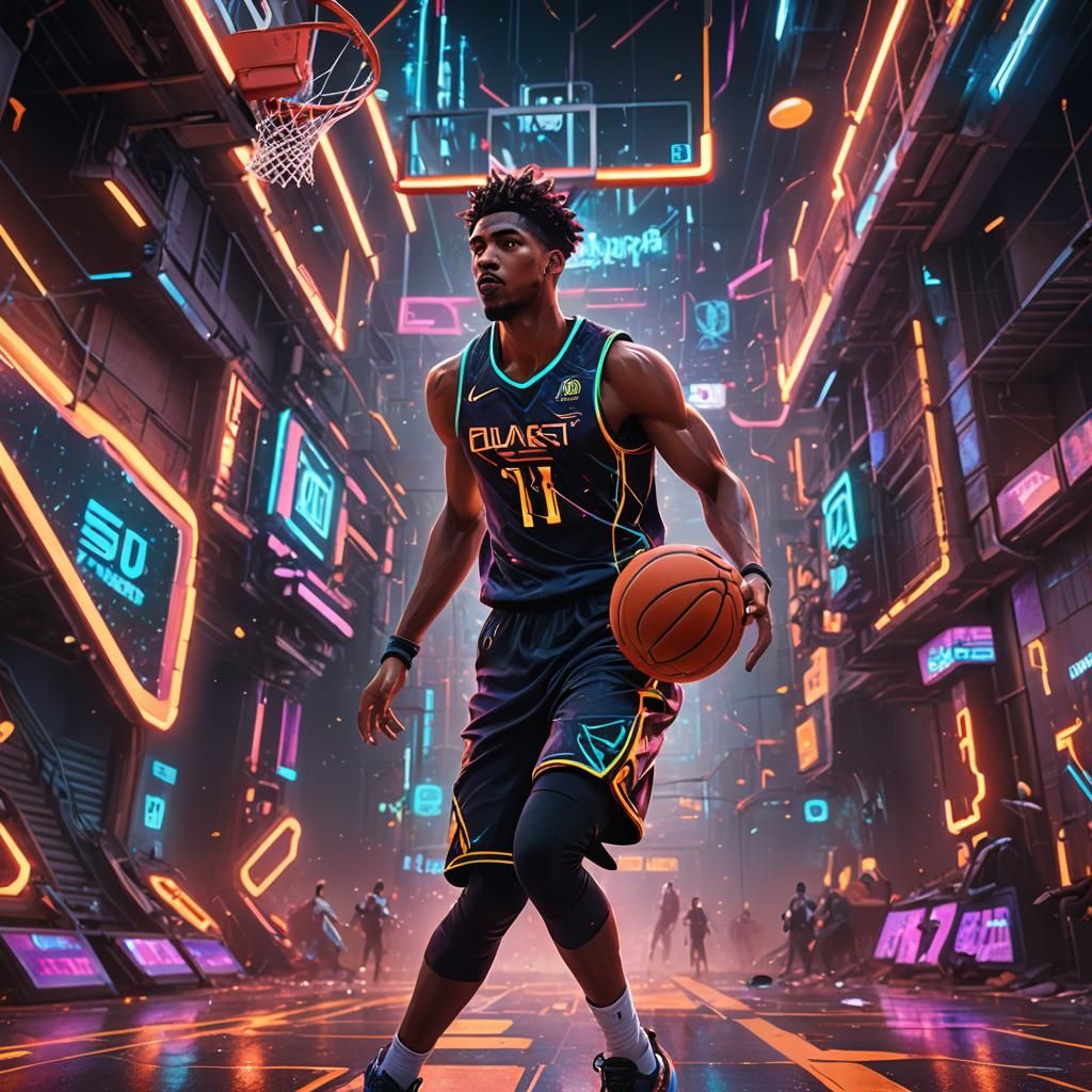 Um menino brincando em uma quadra de basquete com tema futur...