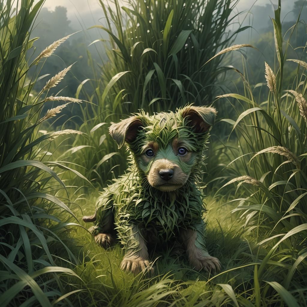 Grass Puppy in Meadow: Beksiński-Inspired Fantasy Art