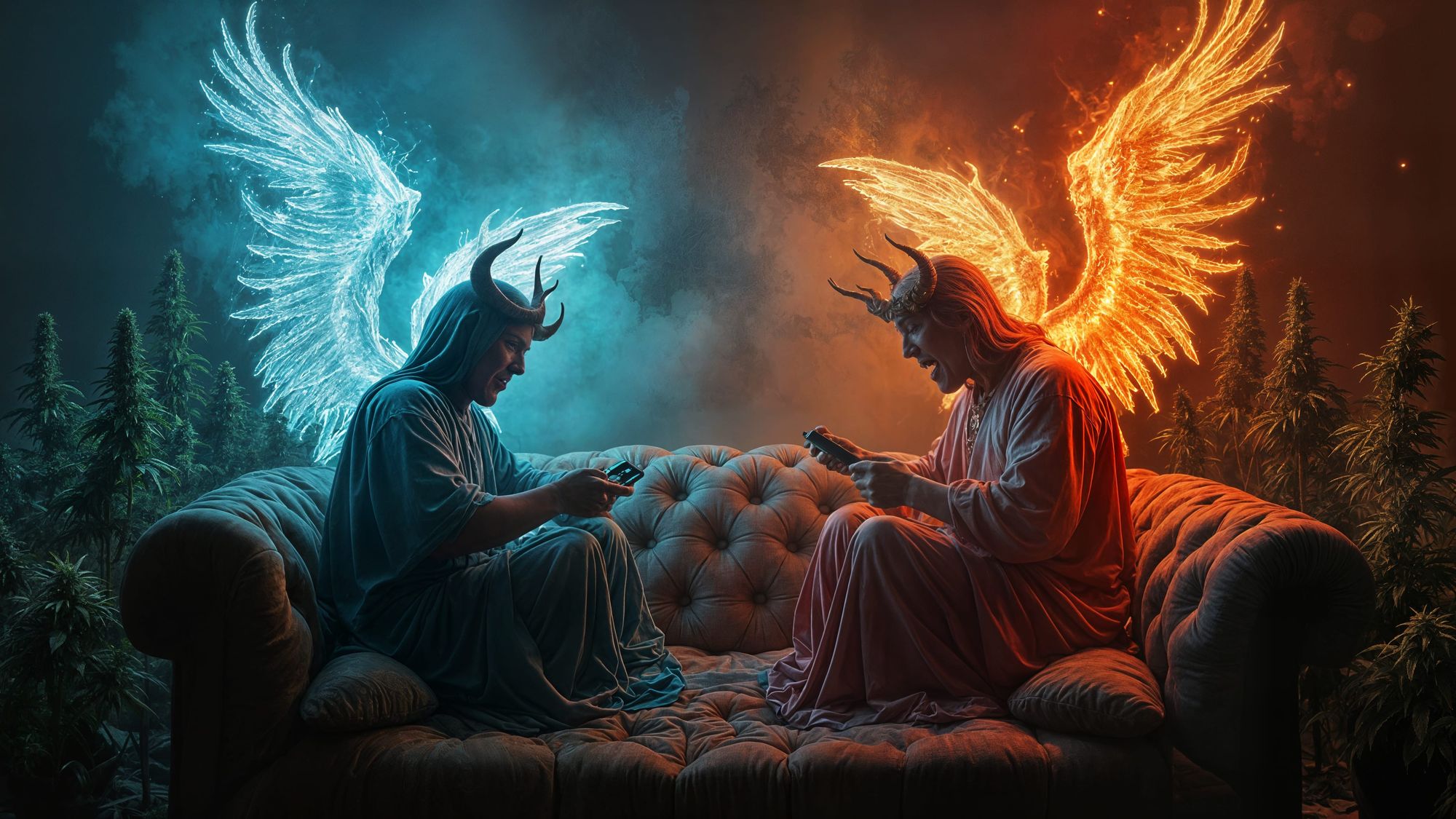 The divine and infernal rulers seated on a plush couch, entwined with vibrant marijuana plants, intensely engaged in an Xbox game. A joyous ...