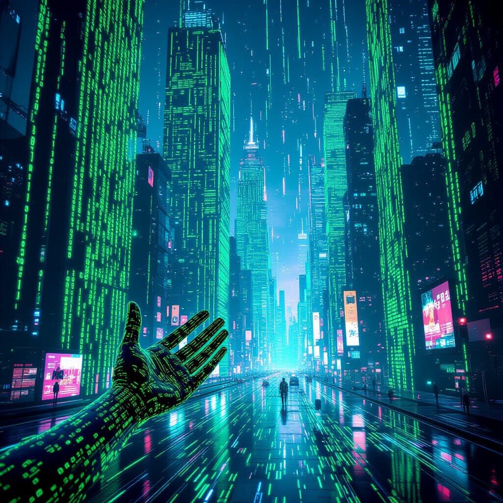 A surreal cyberpunk cityscape at twilight, entirely constructed from cascading streams of glowing green ...  by @Never Ending