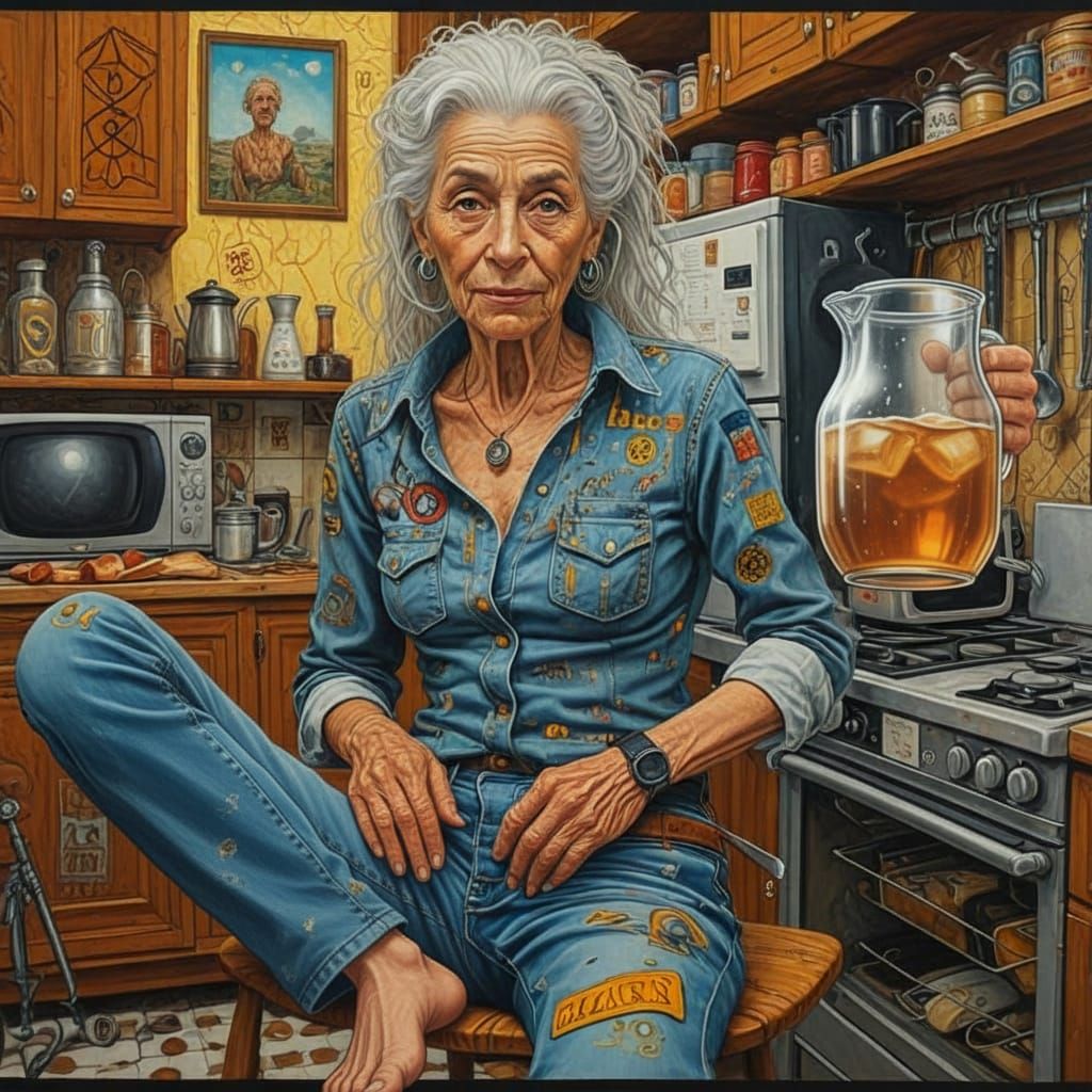 This is how I picture the female version of Roland the Gunslinger.
------
 Cyberpunk, science fictional, futuristic, Uncanny, sunny kitchen appliances, old woman wearing jeans and a shirt printed with intricate musi...