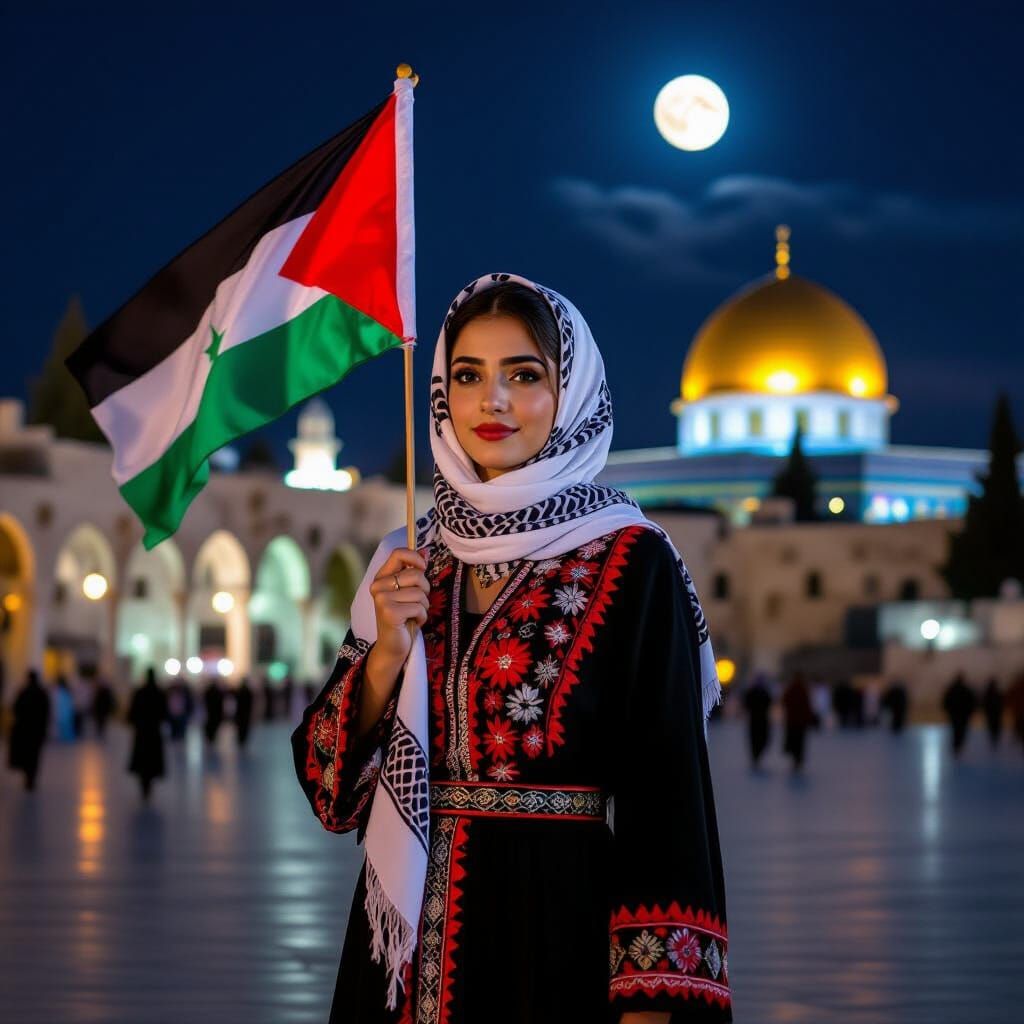Prompt (English):
‏Ultra-realistic image of a Palestinian woman standing on a balcony in Jerusalem, gazing at the moonlit Dome of the Rock. ... - Start Image 1