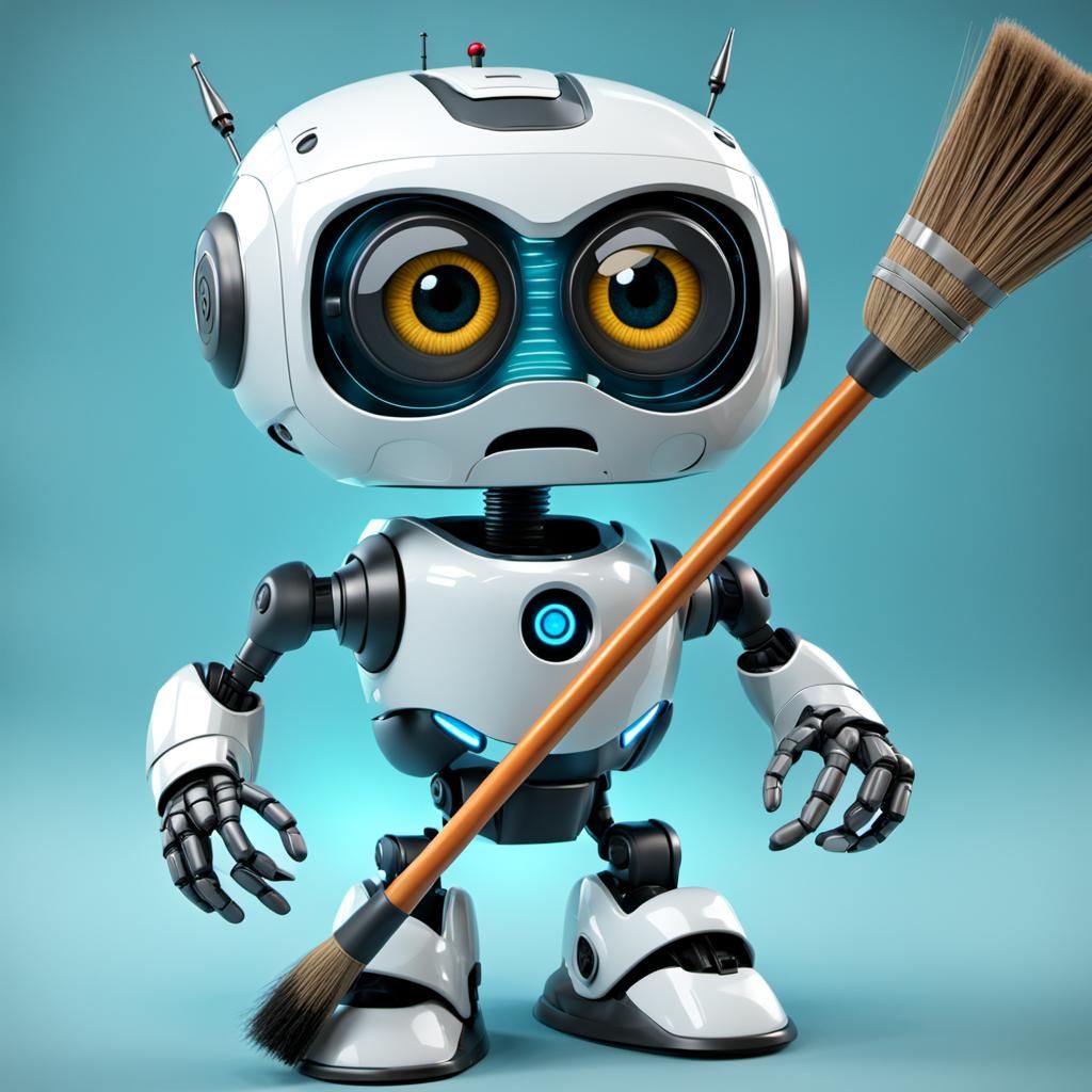 An angry talking robot broom with eyes 8K 3D