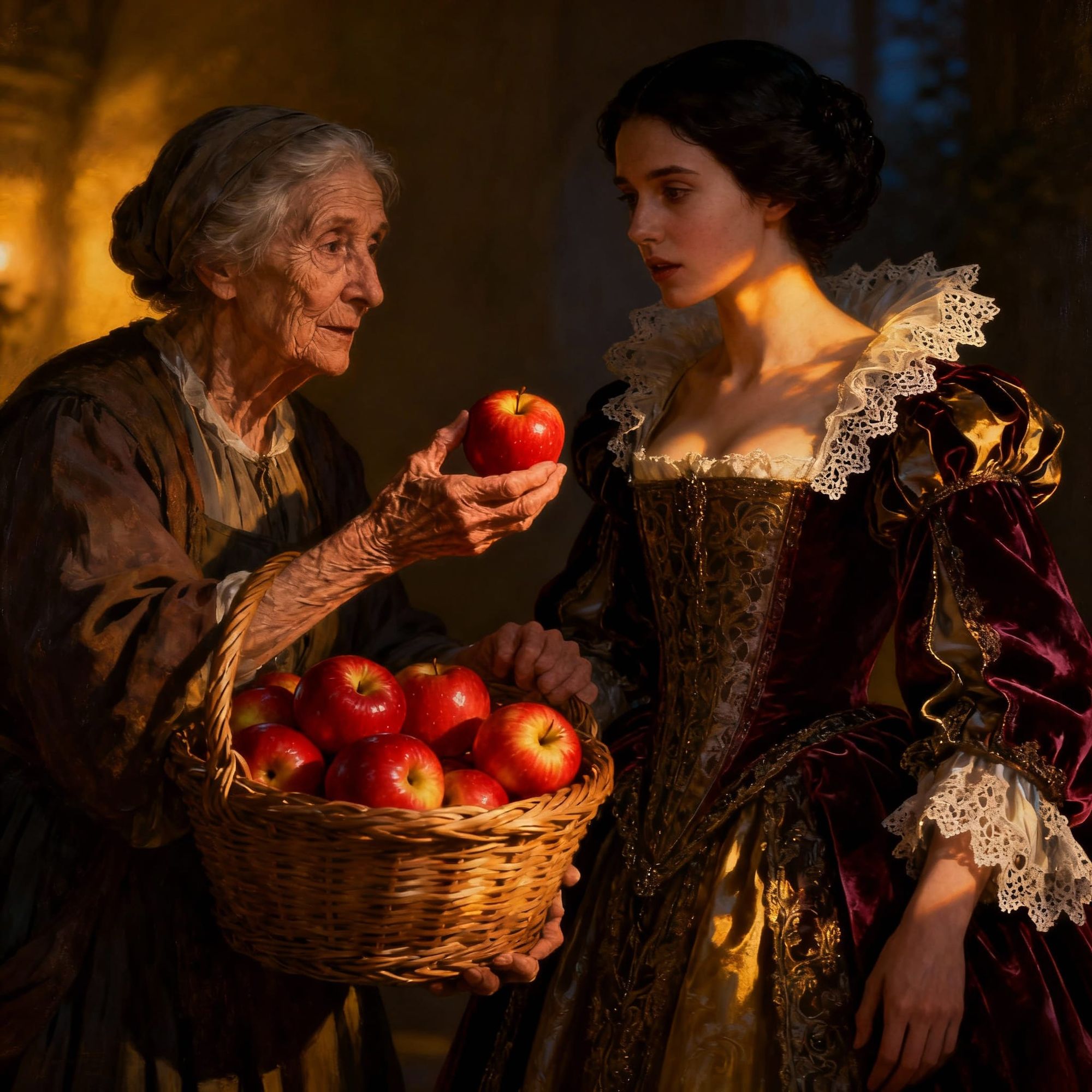 An old woman with a basket of glowing red apples offers one to a beautiful dark haired woman wearing a dress from the from the Renaissance e...