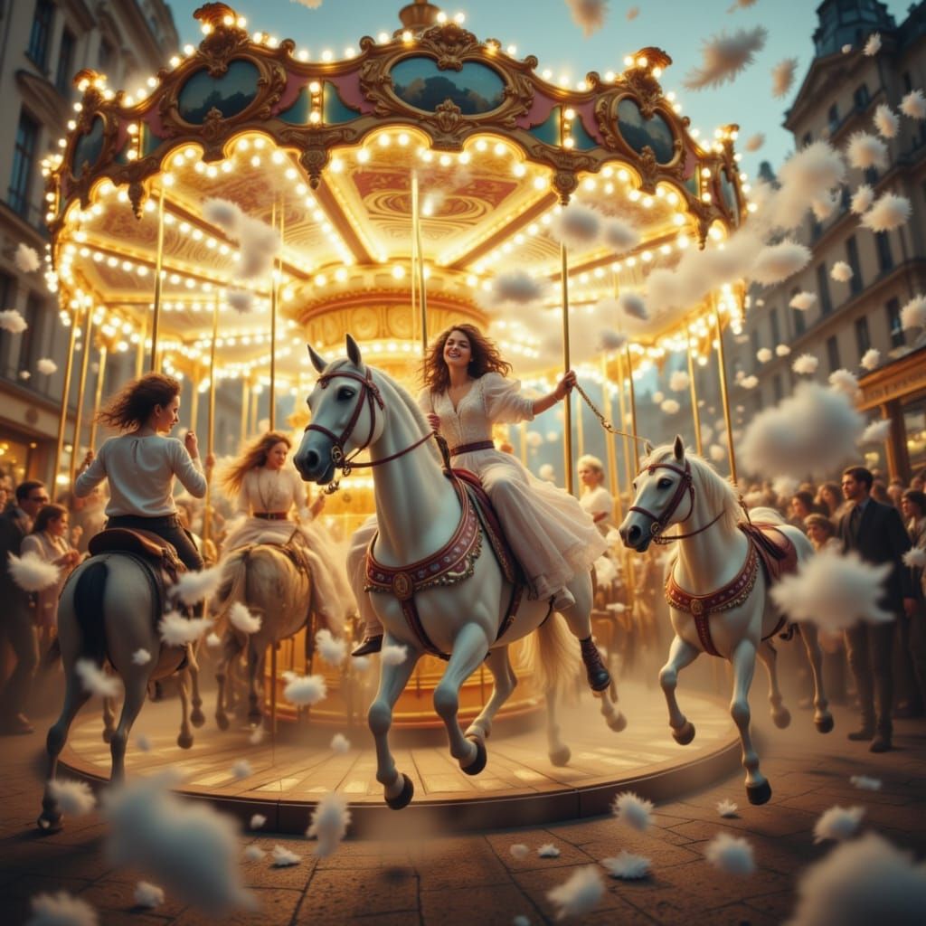 Joyful Carousel Pillow Fight in Early 2000s Style