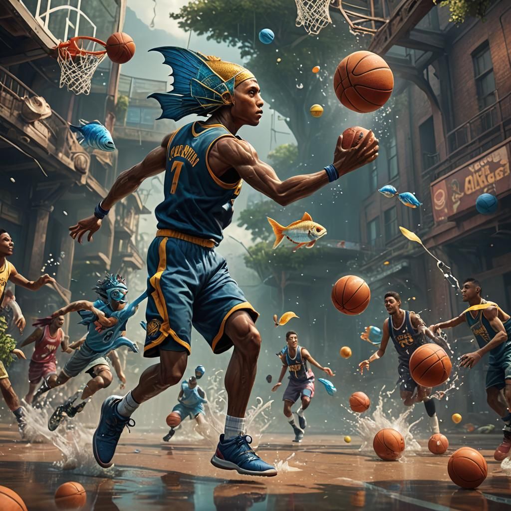 A human mixed with a fish playing basketball