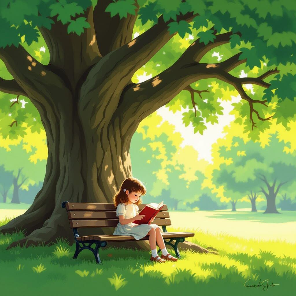 Girl Reading Under Giant Tree in Magical Realism Style