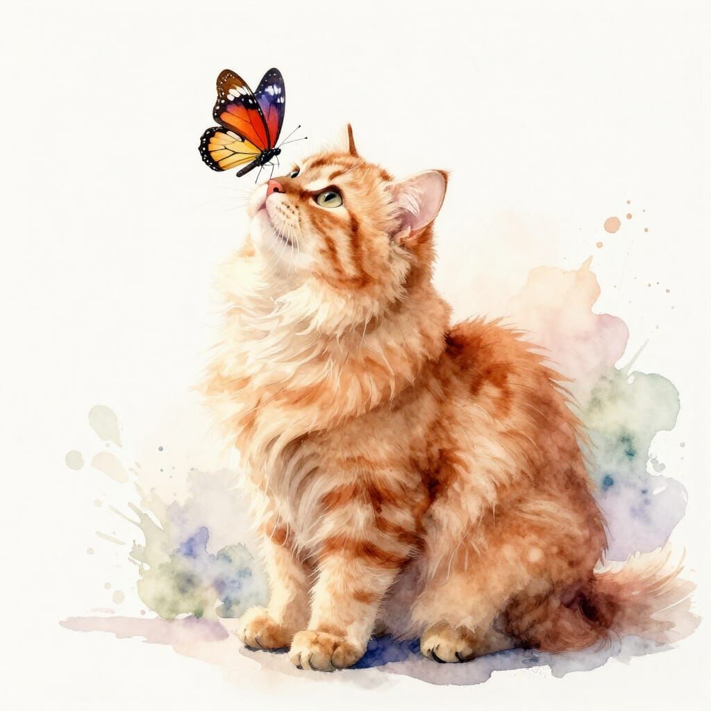 Adorable Ginger Cat Gazes at Butterfly in Watercolor Style
