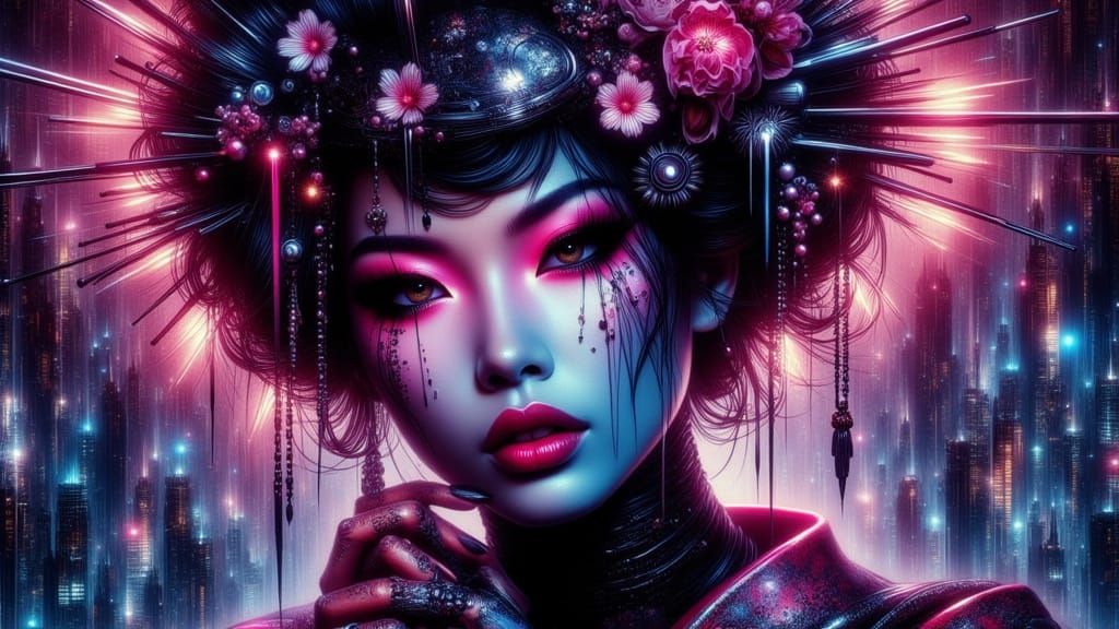 Mysterious Geisha in Futuristic Sci-Fi City