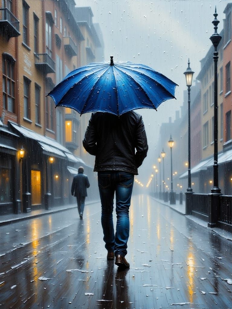 Man Walking in Rain Under Blue Umbrella