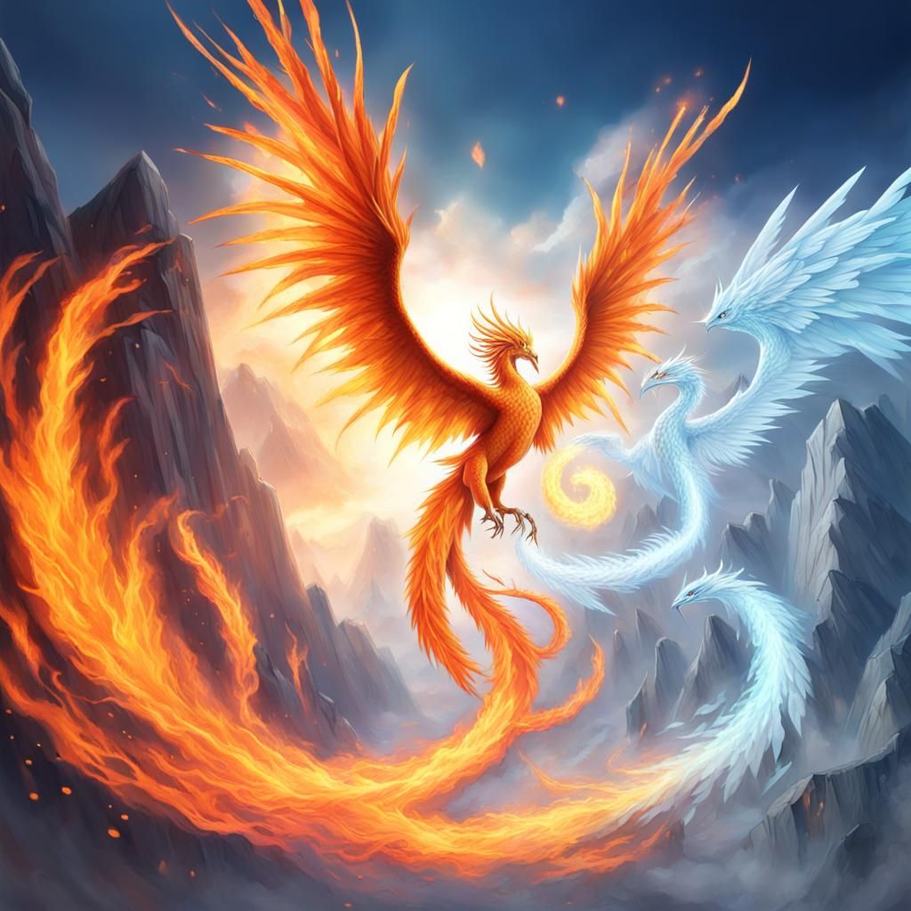 A phoenix with a flaming aura spread its wings in the sky, fighting ...