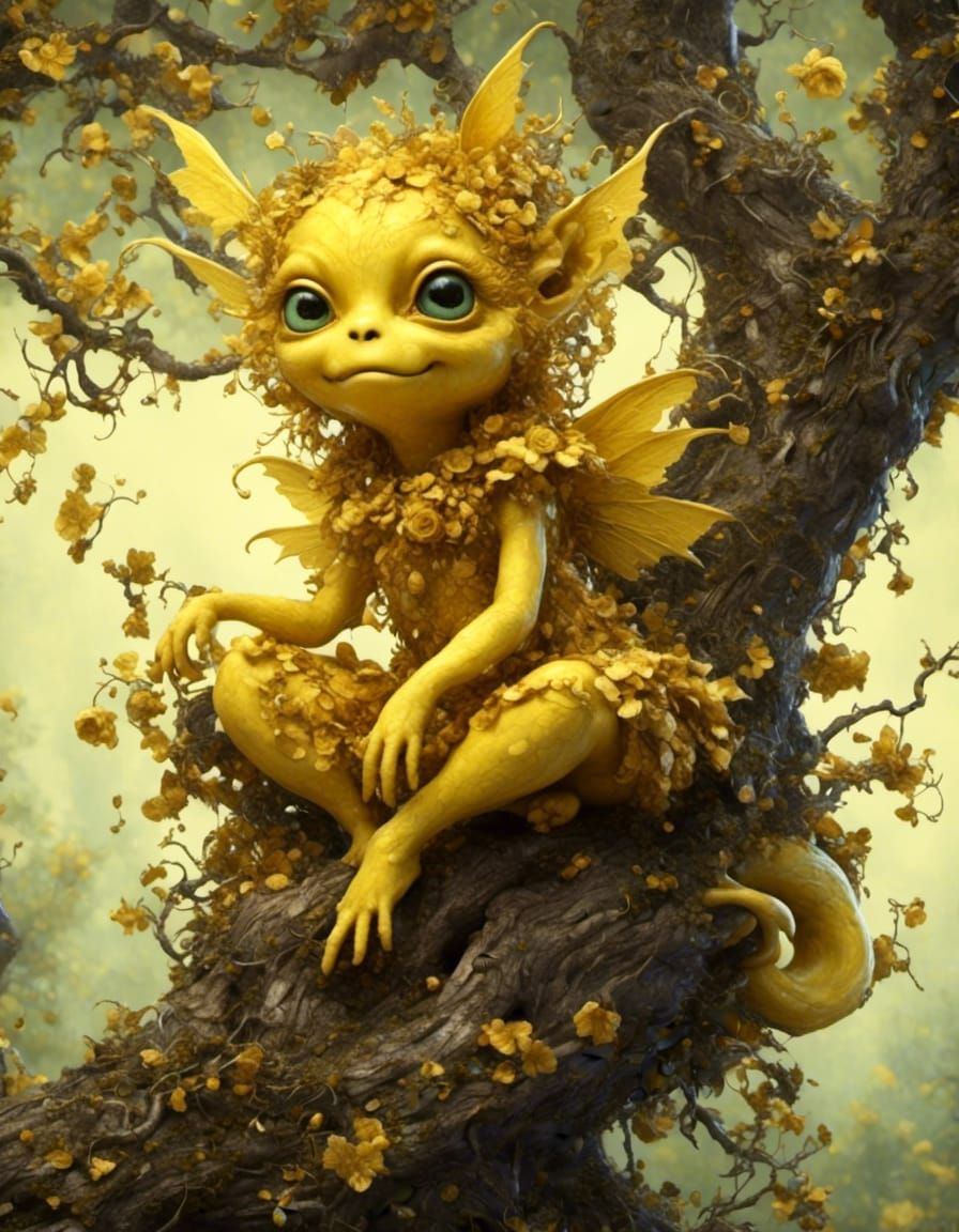 Beautiful little yellow fairy monster in a tree<lora:CutieMon:1.0> 