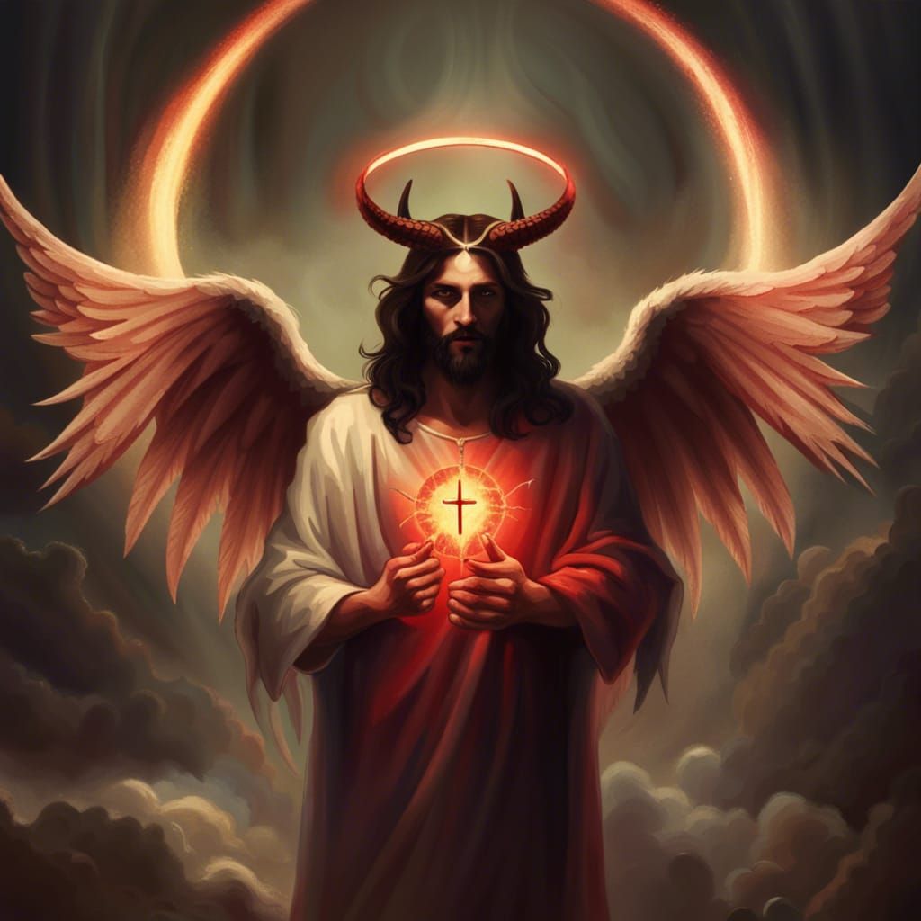 jesus with devil horns demonic wings and a halo - AI Generated Artwork ...