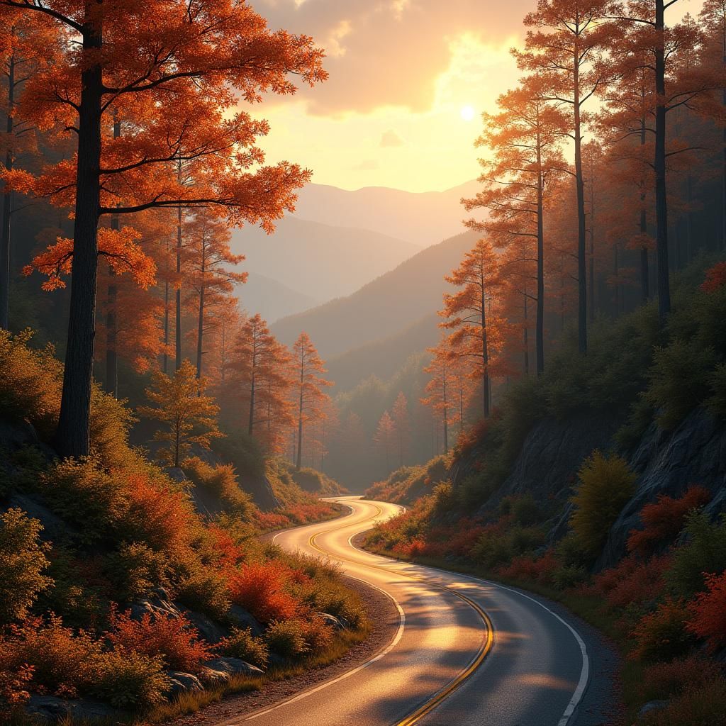 Winding mountain road going through the Great Smokey mountain landscape in Tennessee with September foliage. The forests are lush with plant...