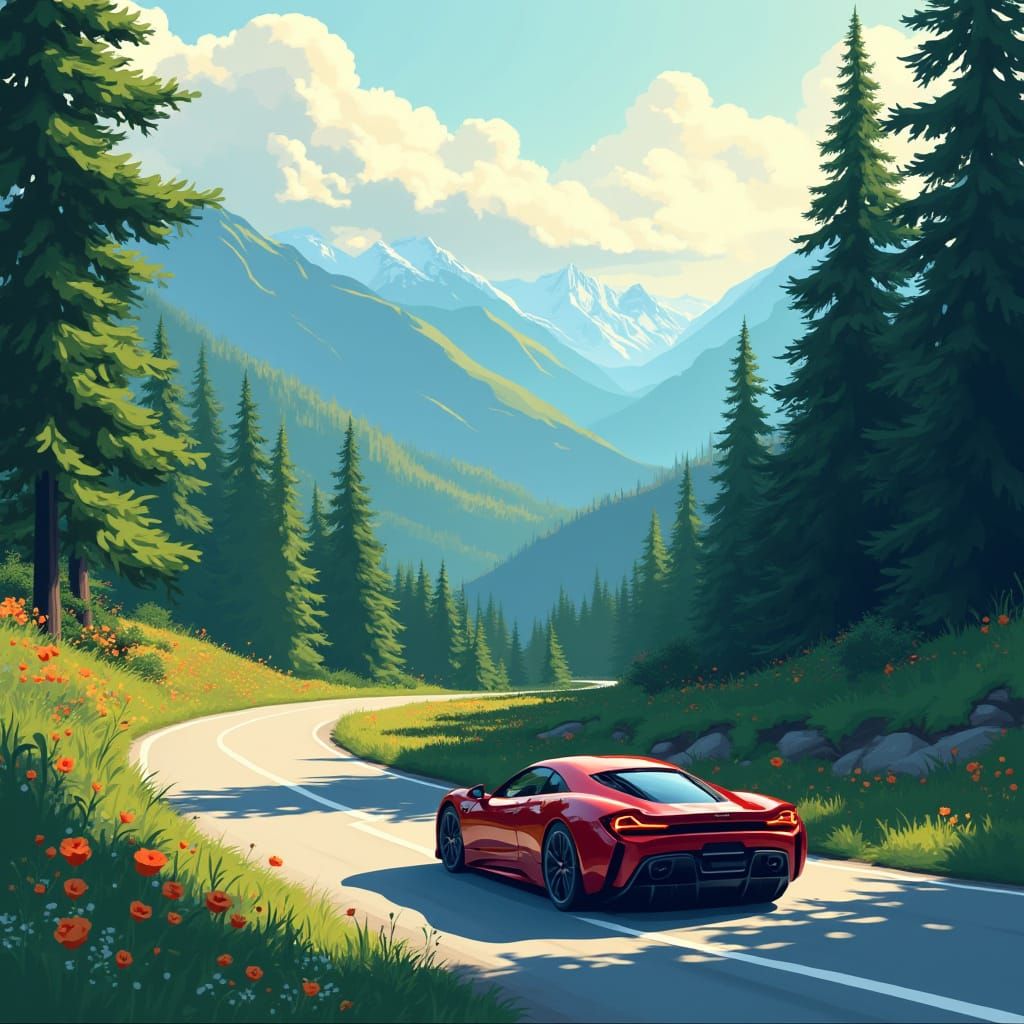 Sports Car on Mountain Road in Syd Mead Style