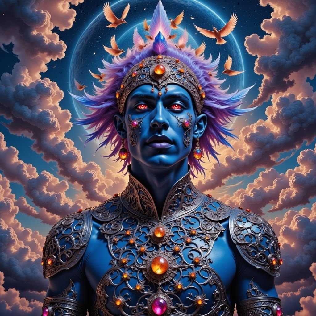 Amazing detailed photorealistic kaleidoscopic blacklight UV light portrait beautiful shaman surrounded by exotic birds bioluminescence, drea...