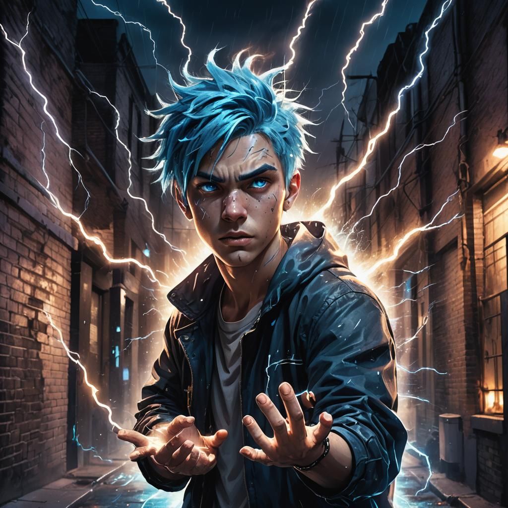 Boy with electricity coming from his hands with blue hair and all blue eyes