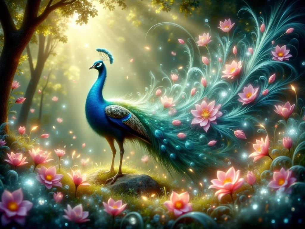 <lora:Star Clouds:1.0> A magnificent colourful male peacock with a tail made of feathers, fluff, lace and sequins is showing off to a group ...