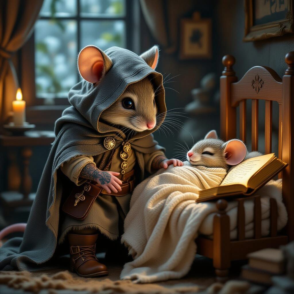 a highly detailed anthropomorphic mouse in worn clothes, a gray cloak on his back and head, boots on his feet. His arms are covered with tat...
