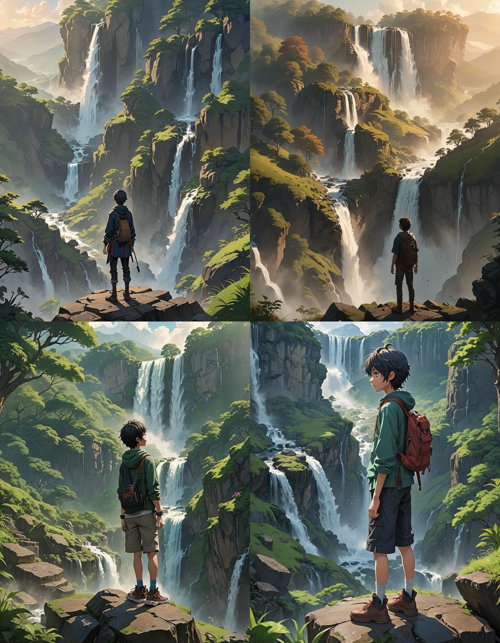 A boy stands alone on top of a hill, gazing at a majestic wa...
