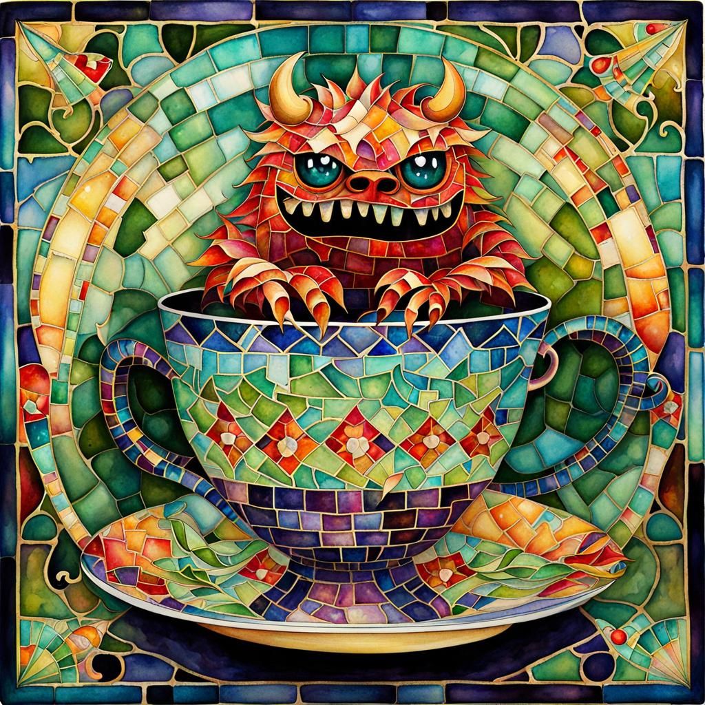 Grumpy mosaic monster in a teacup   by @Ursula