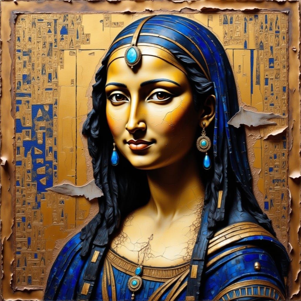 Mona Lisa papyrus, peeling texture, metallics, ancient Lapis lazuli, gems, opulent Distressed, stylised <lora:Egyptology:1.0> 