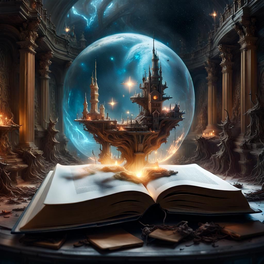 Miniature sci-fi world coming out of open book,stars,, detailed_fantasy_background, hyperdetailed; Kim ...  by @ThermalToast385