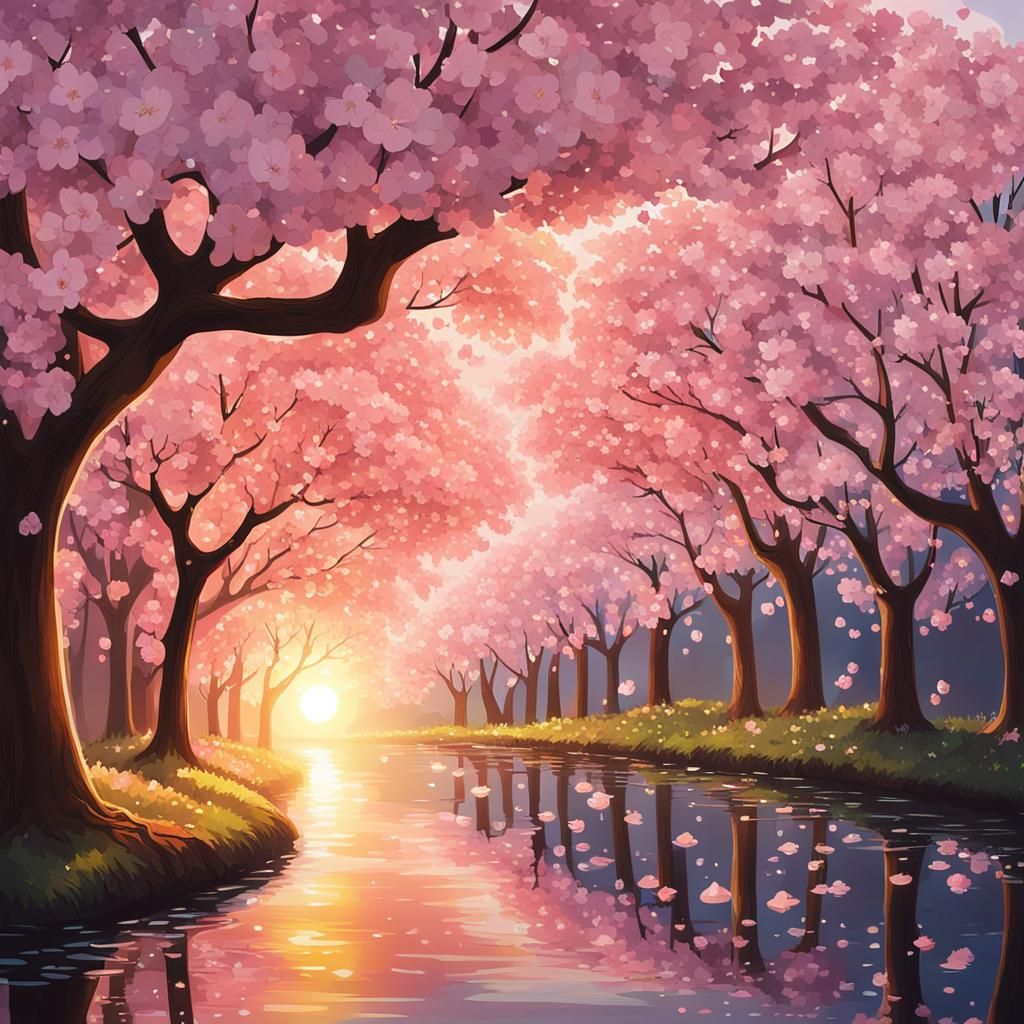 Cherry blossom, drop, sunset lightrays reflecting   by @Wildflower