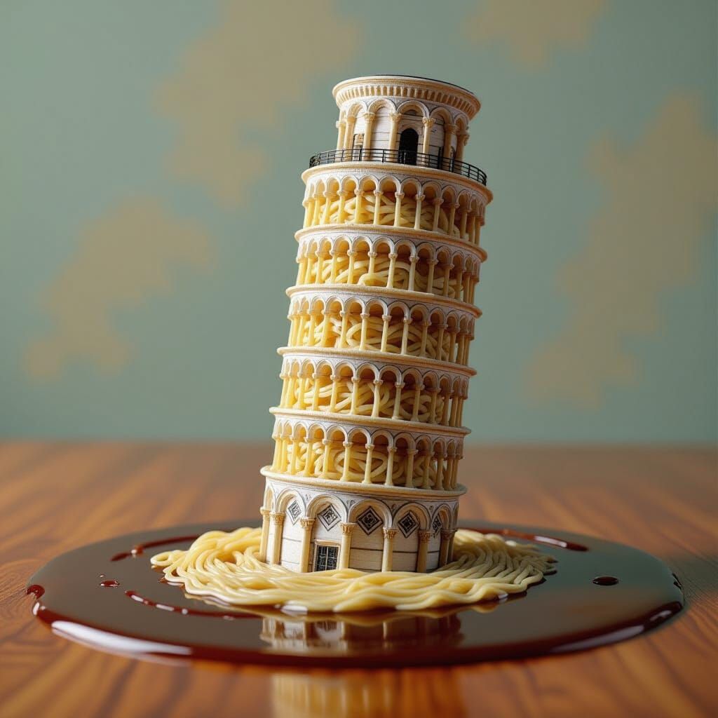 Leaning Tower of Pisa Made of Ramen Noodles