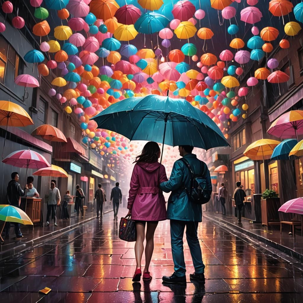 Two people under one umbrella during a thunderstorm