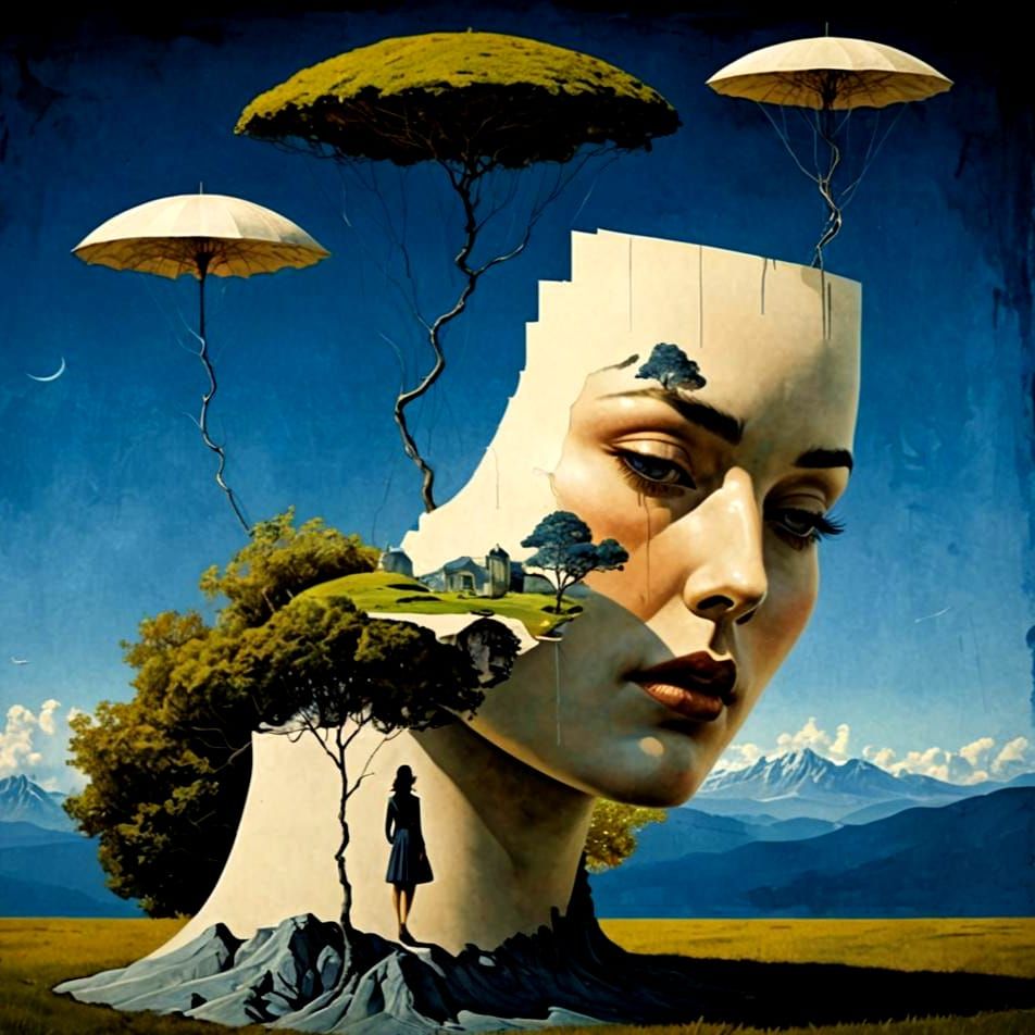 Surreal Lady in Fantastic Landscape, a Surrealist Vision