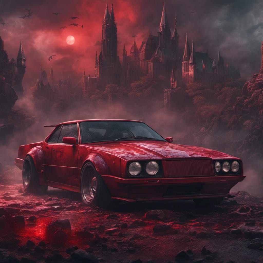 Dracula's Sports Car Against Bloody Skyline